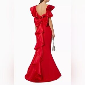 Alexia Maria Red Amelie Silk Ruffled Bow-Back Mermaid Gown